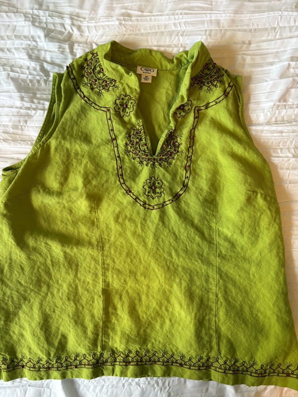 Cato Bright Lime Green Embroidered V-Neck Sleeveless Top